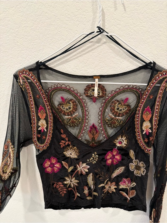 Free People Tops - Free People Black Sheer Embroidered Floral Crop Top with Pink & Gold Accents